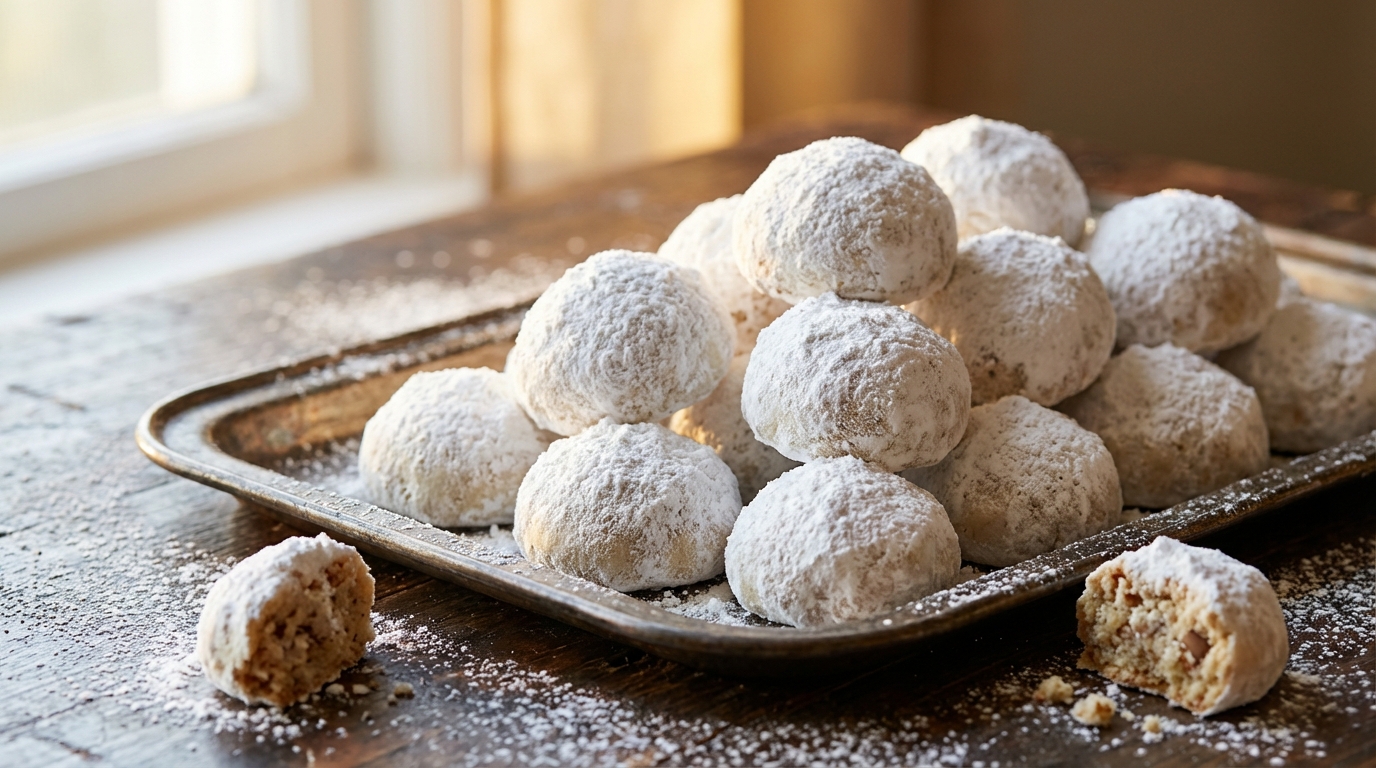 Finished Mexican Wedding Cookies piled high on a rustic metal tray, completely covered in thick powdered sugar like fresh snow, with a few broken open to reveal tender nutty interior