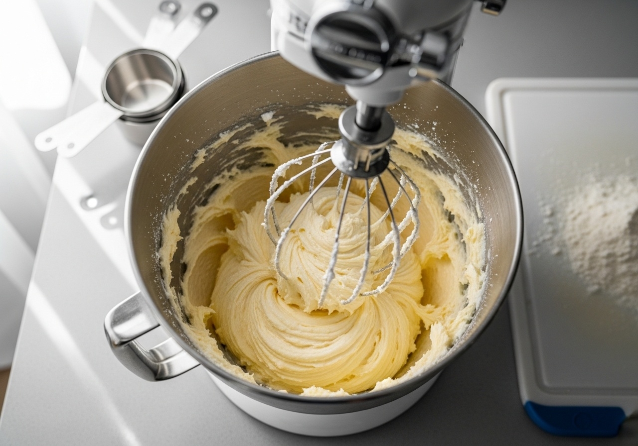 Creamed butter and powdered sugar in a stand mixer bowl, light and fluffy pale yellow mixture