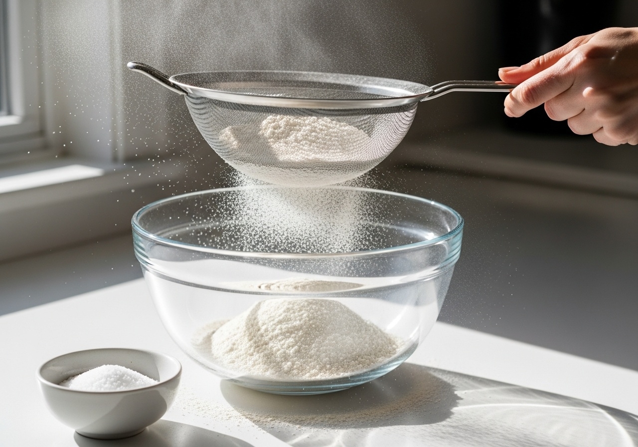 Flour being sifted through a fine mesh sieve into a glass mixing bowl