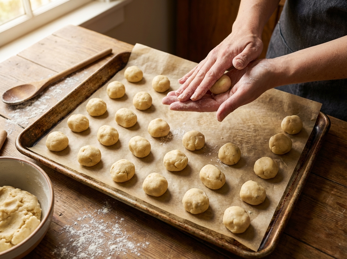 Hands rolling imperfect rustic cookie dough balls arranged on a parchment-lined baking sheet, homemade style