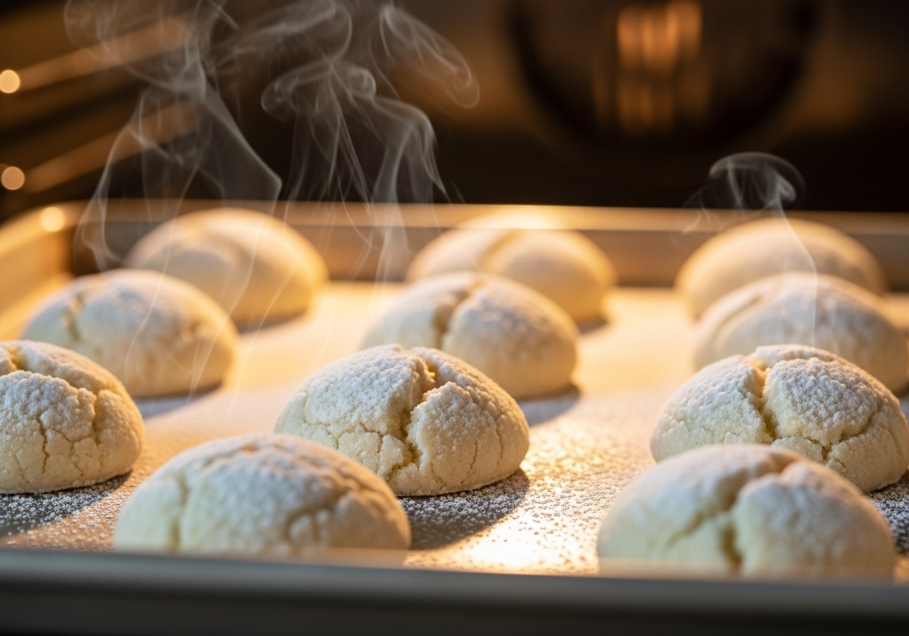 Freshly baked Mexican wedding cookies on a baking sheet, pale ivory color not browned